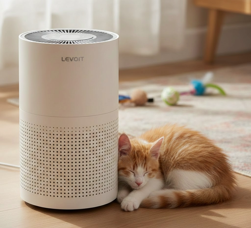 GATITO JUNTO A PURIFICADOR DE AIRE