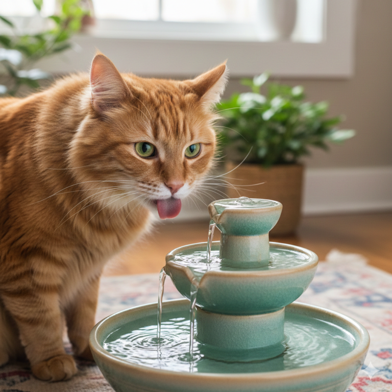 gato bebiendo de fuente para gatos