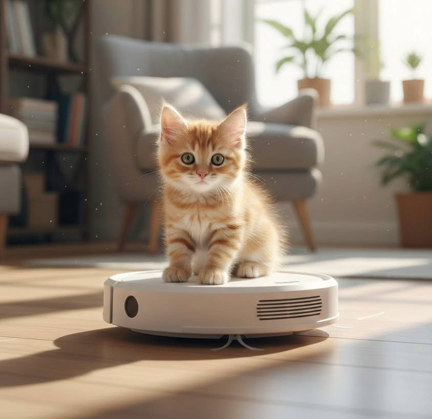 gatito montado en una roomba