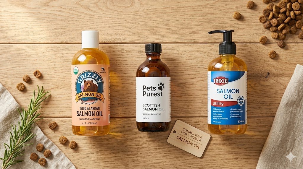 Comparativa flat lay de tres botellas de aceite de salmón para perros: Grizzly Wild Alaskan, Pets Purest Scottish, y Trixie, sobre un fondo de madera natural con luz solar.