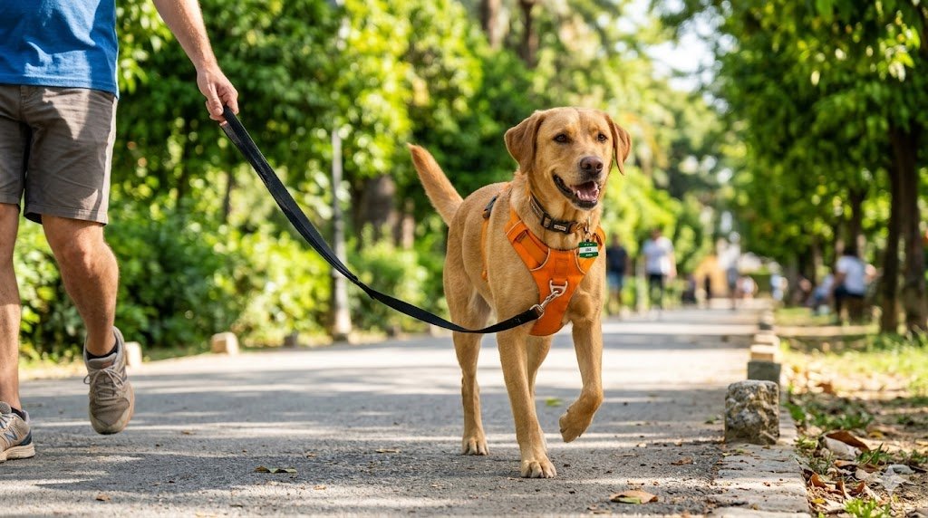Fotografía de acción fotorrealista de un perro mestizo feliz caminando por un parque soleado, usando un arnés premium naranja con enganche frontal de seguridad y correa negra sin tensión.