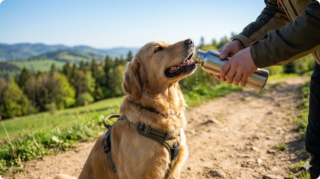 Perro Golden Retriever bebiendo agua de un bebedero portátil de acero inoxidable en una ruta de senderismo soleada.