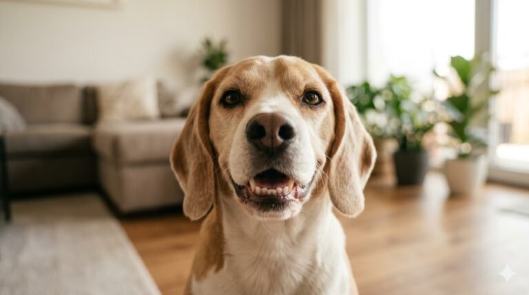 Perro Beagle sonriendo a cámara mostrando dientes limpios y sanos tras cuidado dental canino.