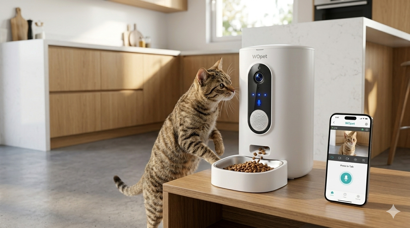 Gato interactuando con comedero automático con cámara HD y audio para mascotas