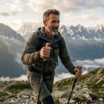 Hombre de unos 40 años haciendo senderismo en alta montaña usando bastones de trekking de carbono Leki Black Series durante el amanecer, fotografía de estilo de vida outdoor premium.