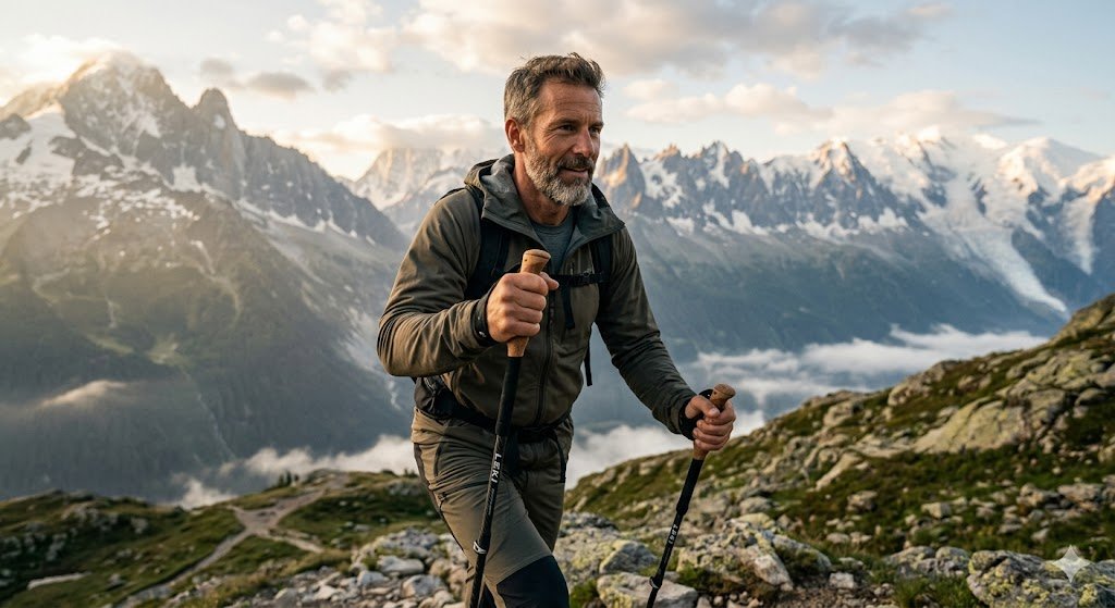 Hombre de unos 40 años haciendo senderismo en alta montaña usando bastones de trekking de carbono Leki Black Series durante el amanecer, fotografía de estilo de vida outdoor premium.