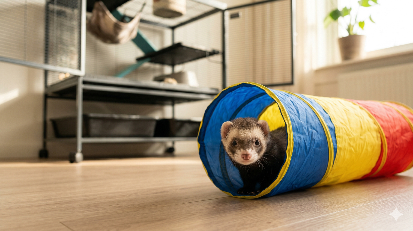 Un simpático hurón asomando la cabeza por un túnel de juego colorido en un salón acogedor y seguro.
