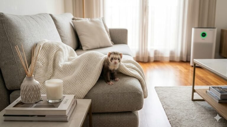 Fotografía hiperrealista de un salón moderno e impecable y bien iluminado. Un hurón curioso y limpio asoma la cabeza por debajo de una manta de punto blanco y esponjoso en un sofá de tela gris, con un purificador de aire visible y el entorno transmitiendo frescura y limpieza