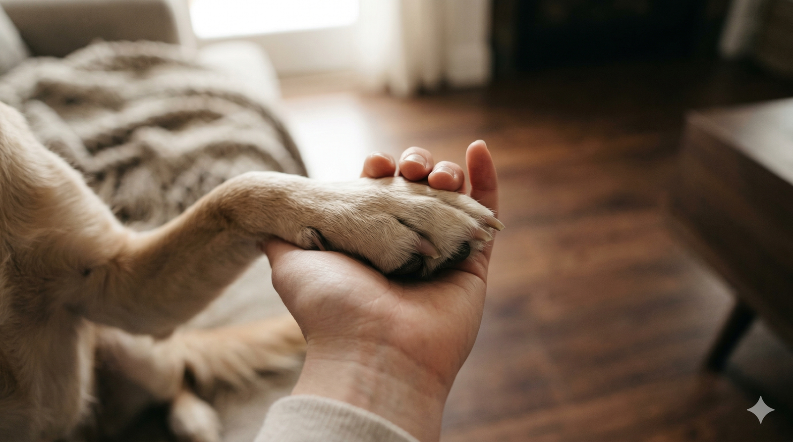 Persona sujetando con delicadeza la pata de un perro para revisarle las almohadillas. Se ve un ambiente hogareño y cálido, transmitiendo higiene y cuidado.