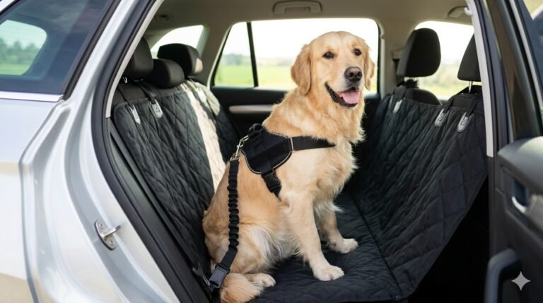 Perro Golden Retriever feliz sentado de forma segura en el asiento trasero de un coche moderno, llevando un arnés cómodo enganchado al cinturón de seguridad, con las fundas protectoras del asiento instaladas, en un día soleado de primavera.
