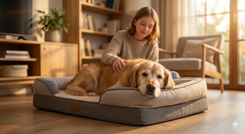 Un perro Golden Retriever senior descansa feliz y sin dolor en una cama ortopédica viscoelástica moderna, mientras su dueña joven lo acaricia suavemente en un salón acogedor con luz de puesta de sol.