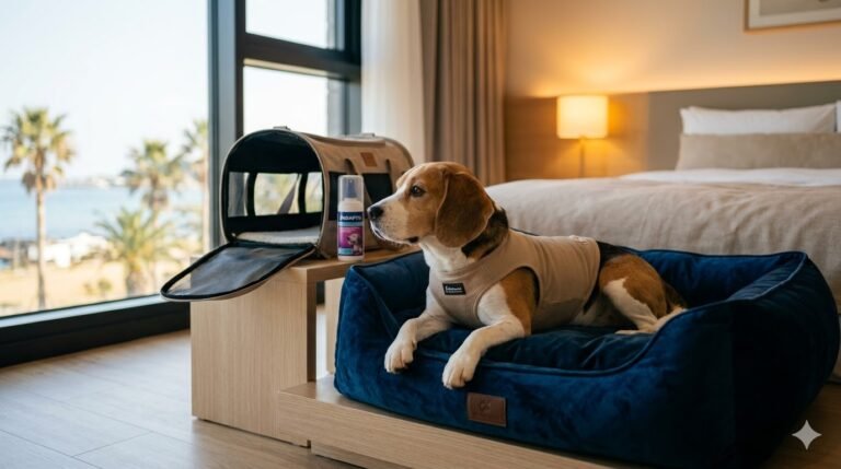Un perro de raza pequeña (como un Beagle) durmiendo plácidamente en una habitación de hotel con luz cálida de atardecer, junto a un spray de feromonas Adaptil.