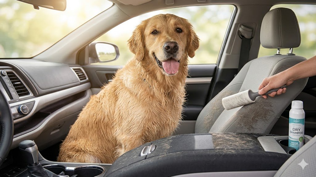 Una persona pasando un rodillo quitapelos por el asiento de un coche lleno de pelos de un Golden Retriever que mira por la ventana.