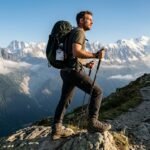 Un hombre equipado con mochila Osprey, botas Salomon y bastones de carbono caminando por un sendero técnico de alta montaña con picos nevados al fondo.