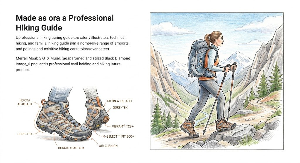 Boceto de campo a lápiz de colores que muestra a una mujer senderista con mochila técnica y bastones, destacando el ajuste ergonómico y la anatomía del pie femenino.