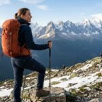 Fotografía realista de una mujer senderista con mochila técnica Osprey Tempest y botas Merrell, utilizando bastones Black Diamond en un sendero de alta montaña con picos nevados al fondo.
