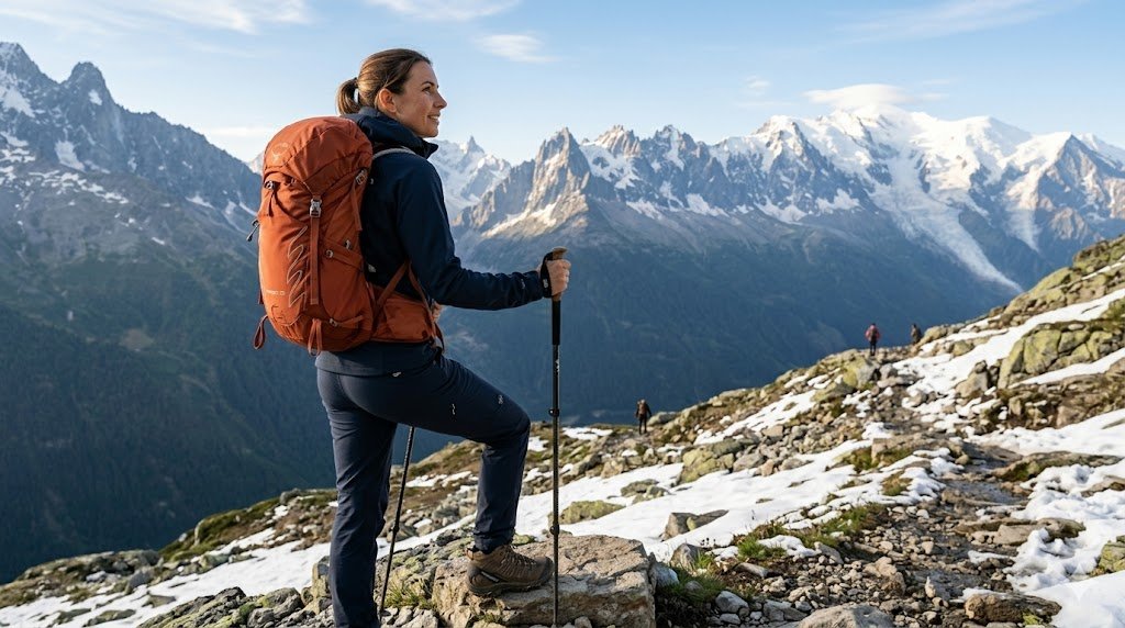 Fotografía realista de una mujer senderista con mochila técnica Osprey Tempest y botas Merrell, utilizando bastones Black Diamond en un sendero de alta montaña con picos nevados al fondo.