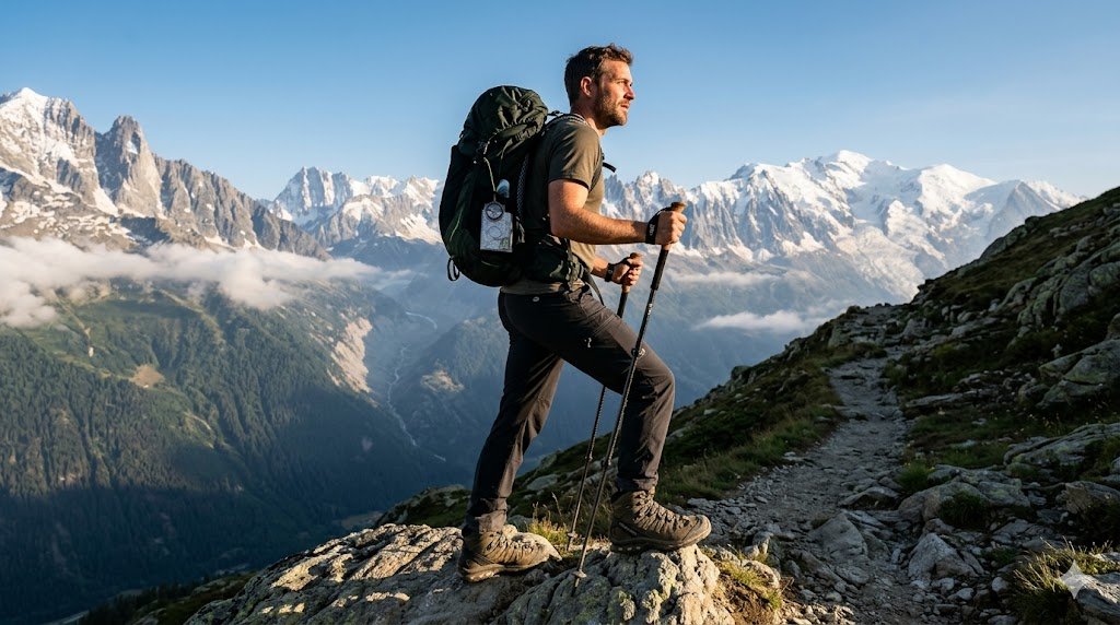 Un hombre equipado con mochila Osprey, botas Salomon y bastones de carbono caminando por un sendero técnico de alta montaña con picos nevados al fondo.