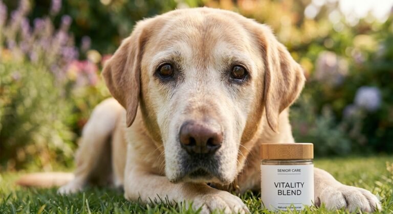 Perro labrador senior recibiendo suplementos para las articulaciones y el cartílago.