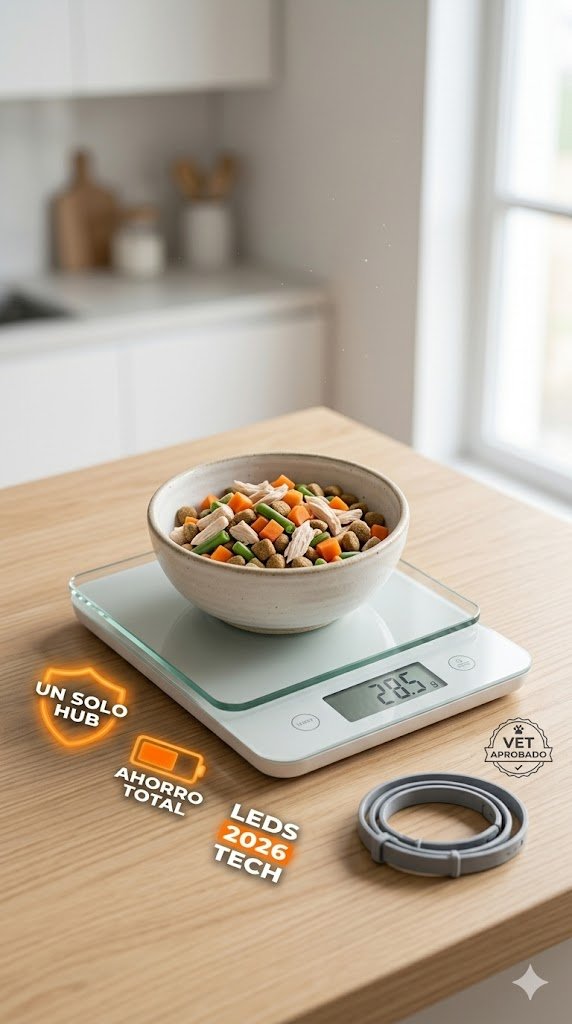 Báscula digital pesando una ración exacta de comida para perros para prevenir la obesidad