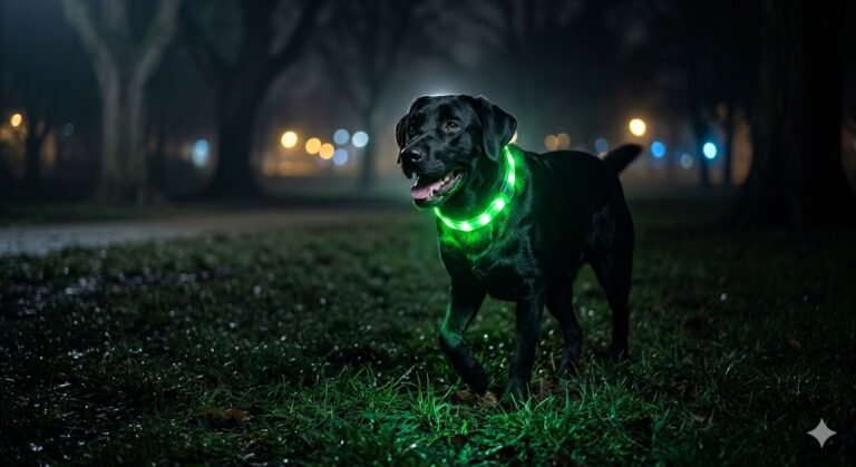 Perro oscuro paseando de noche de forma segura gracias a un collar de tubo LED luminoso color verde brillante.