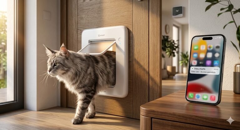 Comparativa de las 4 mejores puertas con microchip inteligentes de 2026: SureFlap y PetSafe en un hogar moderno.