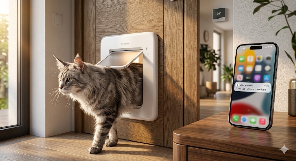 Comparativa de las 4 mejores puertas con microchip inteligentes de 2026: SureFlap y PetSafe en un hogar moderno.