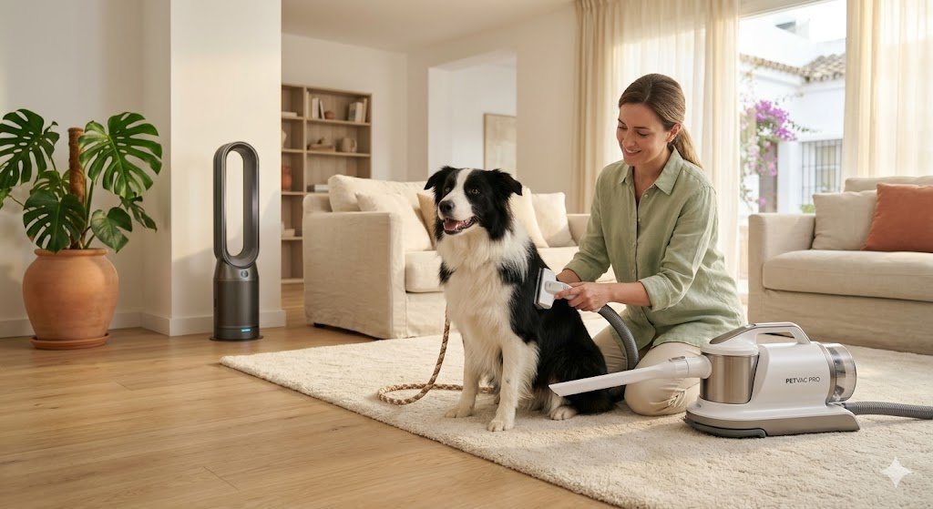 Aspirador de aseo para perros eliminando pelo muerto y polen en un salón moderno junto a un purificador de aire inteligente.