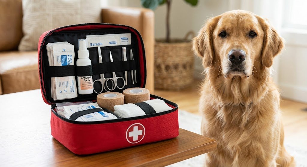 Botiquín de primeros auxilios abierto para mascotas junto a un perro labrador paciente.