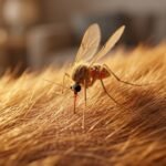 Mosquito flebotomo sobre pelaje de perro, riesgo de leishmaniosis canina.
