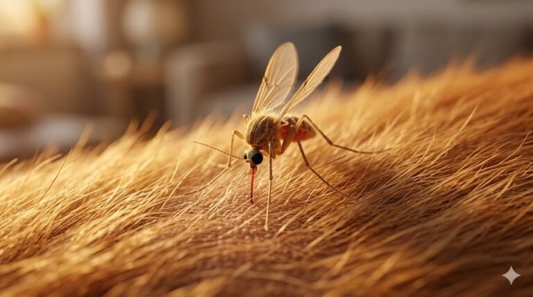 Mosquito flebotomo sobre pelaje de perro, riesgo de leishmaniosis canina.