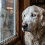 Perro senior con signos de disfunción cognitiva mirando por la ventana, representando la salud mental en perros ancianos.