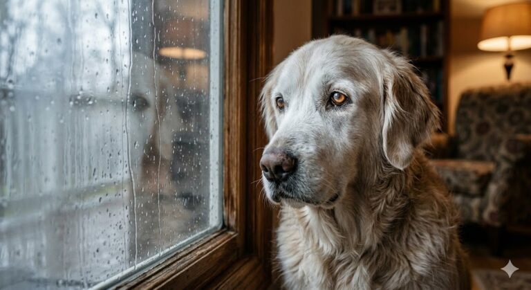 Perro senior con signos de disfunción cognitiva mirando por la ventana, representando la salud mental en perros ancianos.
