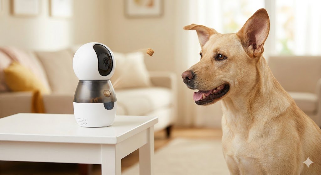 Perro Labrador feliz mirando cómo una cámara interactiva lanza un premio al aire en un salón iluminado. Ejemplo de tecnología para ansiedad mascotas.