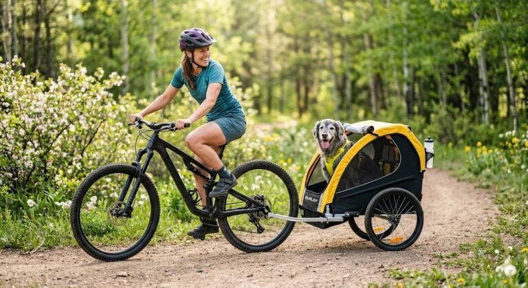 Perro senior feliz asomando por la ventana de un remolque de bicicleta premium durante una ruta por el campo.