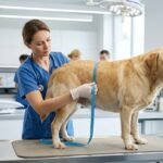 Veterinario midiendo la cintura de un perro con sobrepeso para evaluar el riesgo de obesidad y diabetes canina.