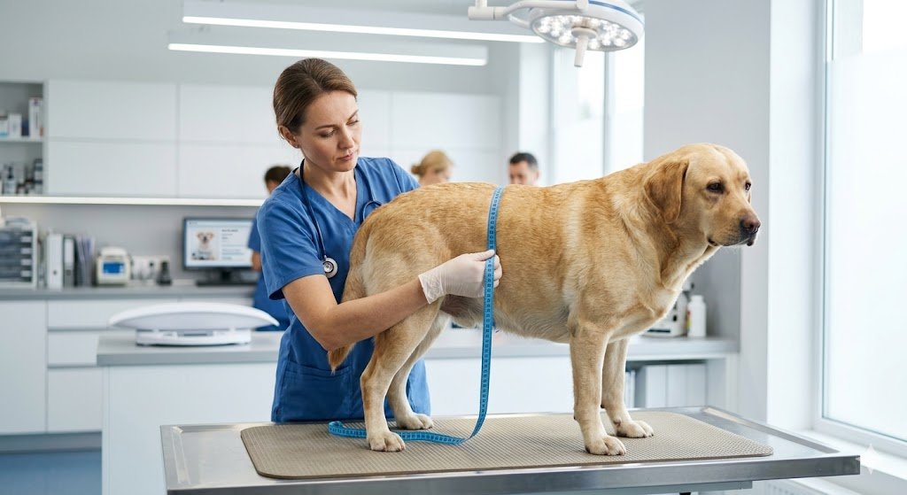 Veterinario midiendo la cintura de un perro con sobrepeso para evaluar el riesgo de obesidad y diabetes canina.