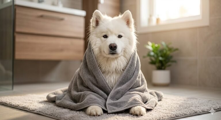 Perro Samoyedo blanco envuelto de forma acogedora en una toalla de microfibra gris después de un baño relajante en casa, con iluminación cinematográfica cálida y sin marcas de agua.