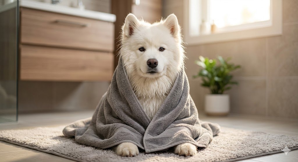 Perro Samoyedo blanco envuelto de forma acogedora en una toalla de microfibra gris después de un baño relajante en casa, con iluminación cinematográfica cálida y sin marcas de agua.