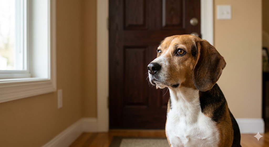 Perro de raza Beagle mix sentado solo en el salón de casa, mirando con ansiedad hacia la puerta cerrada. Imagen sobre ansiedad por separación en mascotas.