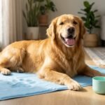 Perro descansando sobre una manta refrigerante de gel junto a una botella de agua portátil multifunción para combatir el calor.