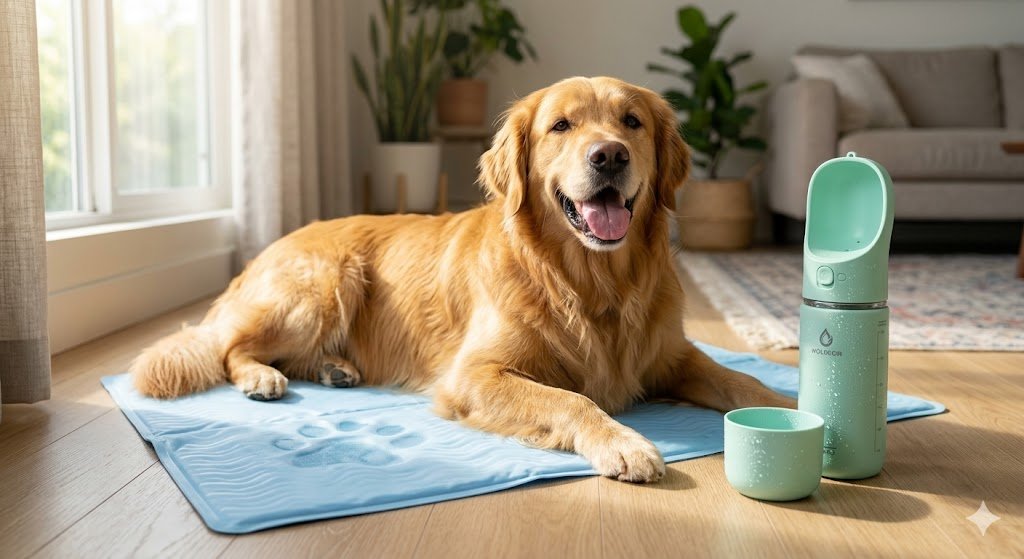 Perro descansando sobre una manta refrigerante de gel junto a una botella de agua portátil multifunción para combatir el calor.
