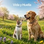 Perro y gato descansando protegidos en un jardín primaveral con collares antiparasitarios visibles, concepto de prevención de salud animal.