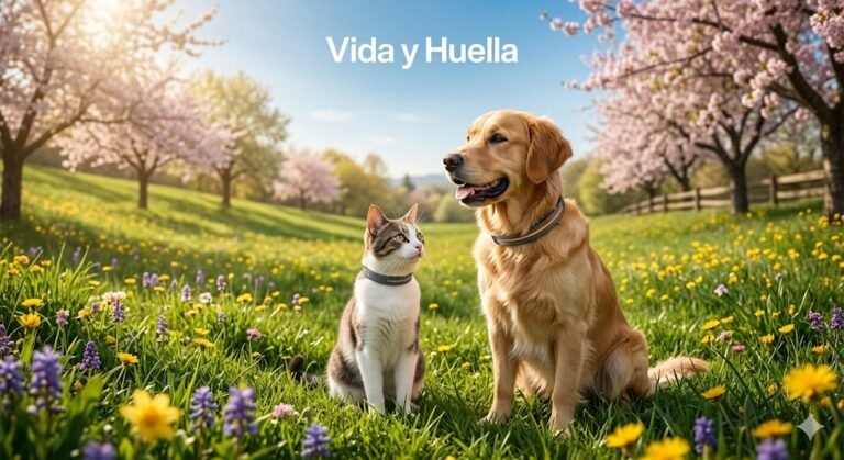 Perro y gato descansando protegidos en un jardín primaveral con collares antiparasitarios visibles, concepto de prevención de salud animal.