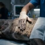 Primer plano de las manos de un veterinario palpando el abdomen de un perro grande en una clínica, indicando una urgencia médica por torsión de estómago (GDV).