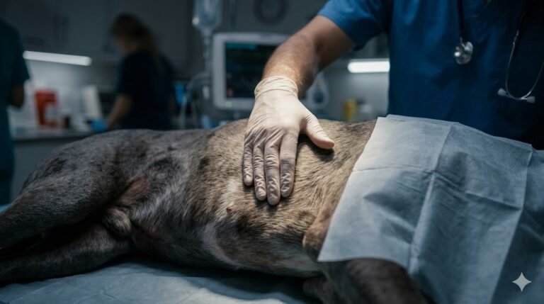 Primer plano de las manos de un veterinario palpando el abdomen de un perro grande en una clínica, indicando una urgencia médica por torsión de estómago (GDV).